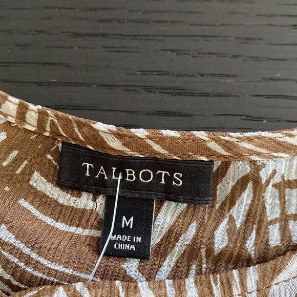 Talbots Blouse Medium Brown White Leaf Silk Drawstring Tie Sleeve Sheet - Picture 7 of 7